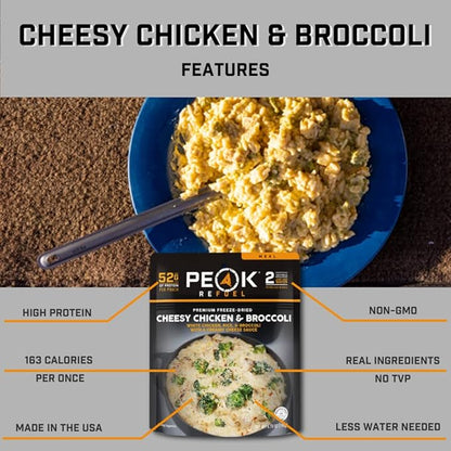 Peak Refuel Cheesy Chicken & Broccoli | 2 Serving Pouch | Freeze Dried Backpacking and Camping Meals | Amazing Taste | Quick Prep Food (Case Pack)