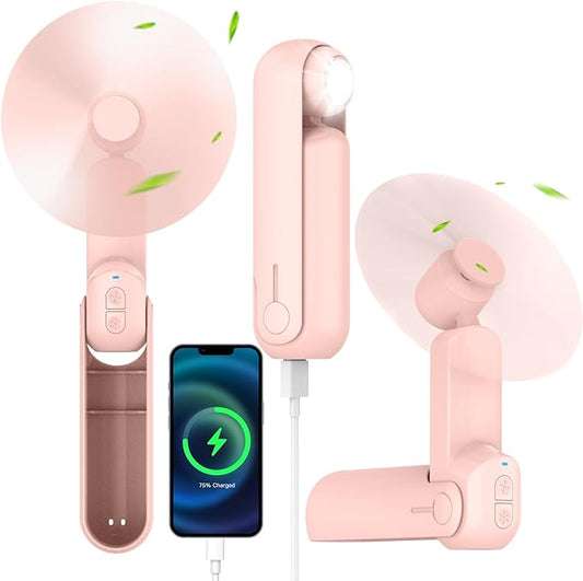 4 IN 1 Portable Handheld Fan,Personal Foldable Cooling Fan, Mini Pocket Fan,Desk Fan,Hand Fan,Flashlight,Power Bank,Table Lamp,Camping Travel Beach Fan, Birthday Gifts for Women Men(Pink)