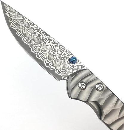 6.7 Inch Damascus Folding Knife with Pocket Clip, 2.6 Inch Damascus Blade with Titanium Alloy Handle, Sebenza Knife Folding Pocket Knife with Frame Lock, Thumb Stud for EDC Camping