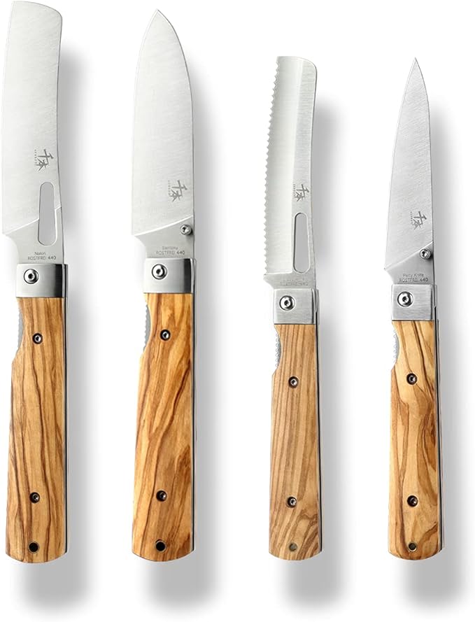 440A stainless steel Gift wrapped 4 piece set sharp pocket folding Japanese chef knife universal peeling knife bread knife set portable kitchen knives with natural olive handle