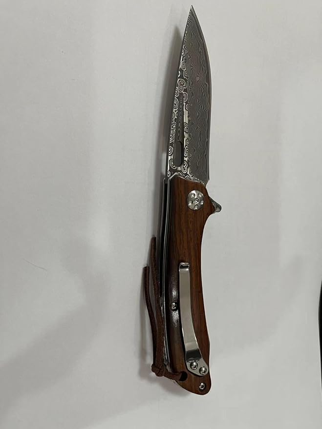 Damascus Pocket Knife with Clip Unique Rosewood Handle Cool Folding Knives Survival Knife for Gift for Men Women