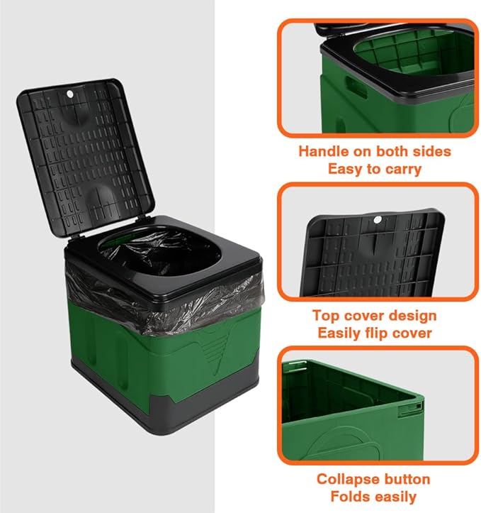 Portable toilet, portable folding toilet, folding toilet with cover, outdoor travel toilet, camping travel toilet (Green)