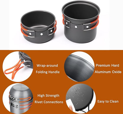 Camping Cookware Set Portable Backpacking Stove Kit, Mini Camp Stove with Non-Stick Lightweight Pots Pans and Stainless Steel Fork Knife Spoon for Outdoor Camping Hiking Cooking Gear