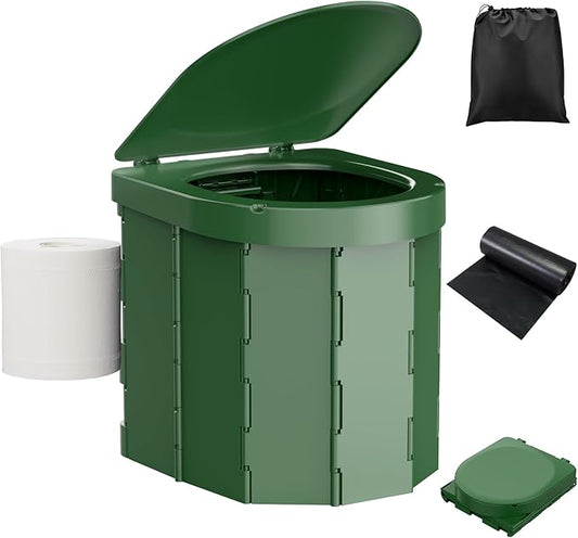 Portable Camping Toilet, Folding Toilet for Adults with Lid and Retractable Toilet Paper Holder, Waterproof Porta Potty with Carry Bag and Disposible Liners for Camping, Hiking, RV Travel, Road Trips