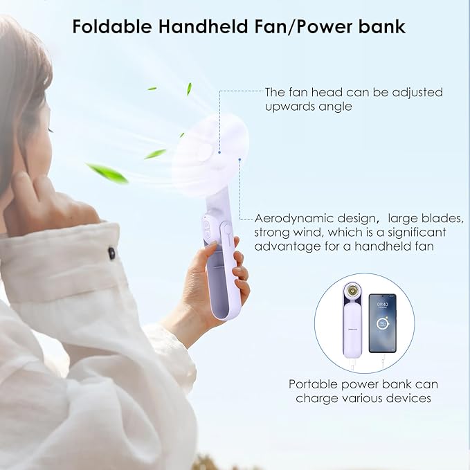 4 IN 1 Portable Handheld Fan,Personal Foldable Cooling Fan, Mini Pocket Fan,Desk Fan,Hand Fan,Flashlight,Power Bank,Table Lamp,Camping Travel Beach Fan, Birthday Gifts for Women Men(Purple)