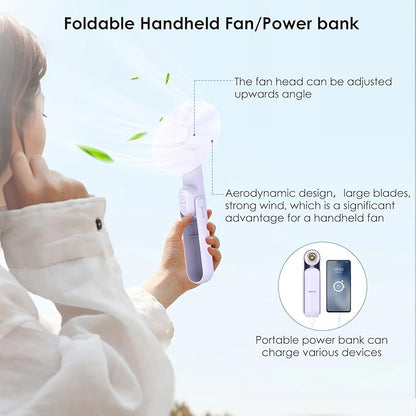4 IN 1 Portable Handheld Fan,Personal Foldable Cooling Fan, Mini Pocket Fan,Desk Fan,Hand Fan,Flashlight,Power Bank,Table Lamp,Camping Travel Beach Fan, Birthday Gifts for Women Men(Purple)