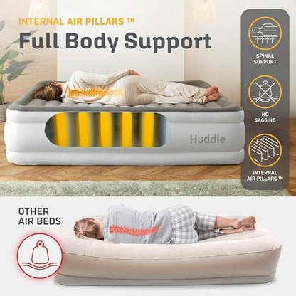 Huddle® Luxury Never Deflate Full Air Bed with Patented Dual Pump SlumberGuard™ Premium Technology | Inflatable Mattress with Built-in Pump | Comfortable Inflatable Mattress