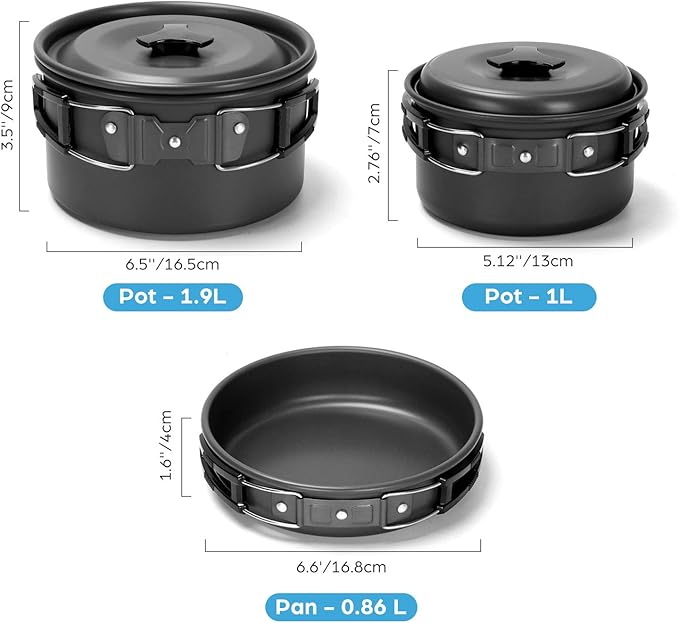 Odoland 15pcs Camping Cookware Mess Kit, Non-Stick Lightweight Pots Pan Set with Stainless Steel Cups Plates Forks Knives Spoons for Camping, Backpacking, Outdoor Cooking and Picnic