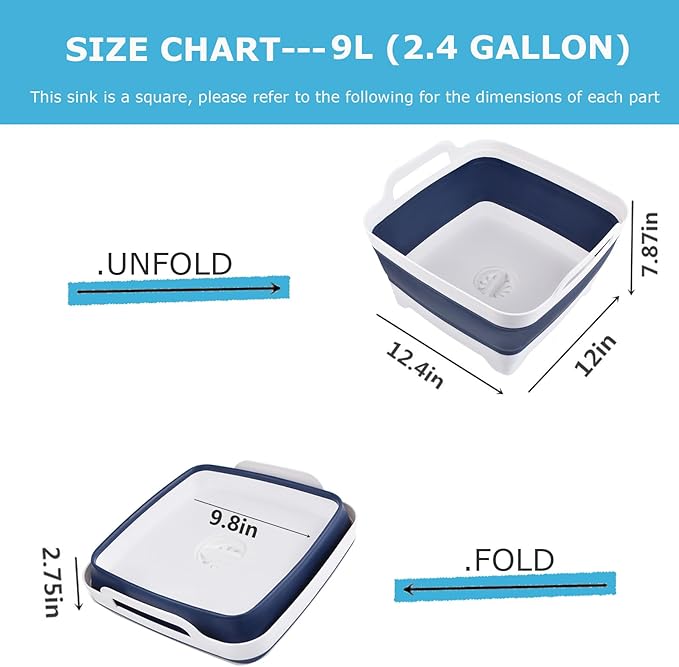 Dishpan for Washing Dishes,9L Collapsible Dish Tub Portable Sink,Wash Basin,Foldable Laundry Tub,Washing Basin with Drain Plug,Dishpan for Kitchen Sink,Camping Dish Washing Tub,Navy blue