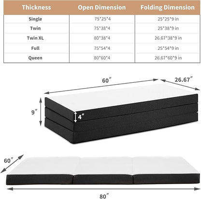 DUMOS Folding Mattress, 4 inch Tri-Fold Memory Foam Mattress, Foldable Mattress Topper with Washable Cover, Foldable Guest Bed, Travel Mat, 80"×60"×4", White