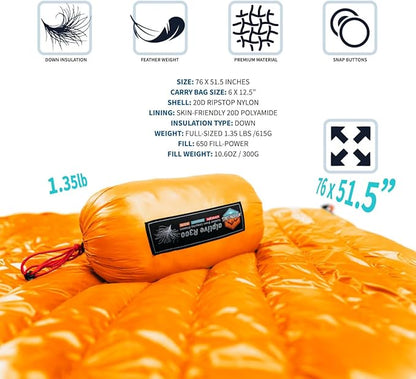 ZOOOBELIVES Ultralight Down Camping Blanket - 1.35lbs, 650 Fill Power Puffy Quilt. Compact & Warm Comforter for Travel, Beach, Hammock, Backpacking - Elevate Your Outdoor Comfort - AlpliveR300