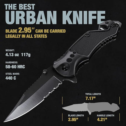 2.95” Serrated Blade Pocket Knife - Black Folding Knife with Glass Breaker and Seatbelt Cutter - Small EDC Knife with Pocket Clip for Men Women - Sharp Tactical Camping Survival Hiking Knives 6680