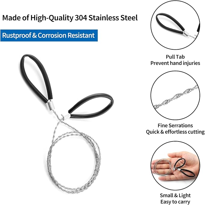 3 Pack Stainless Steel Wire Saw Emergency Saw Kit, Camping Wire Saw Mini Backpacking Saw, Cable Cutting String Bone Rope Saw, Travel Chainsaw for Wood Cutting Hiking Hunting (Wire Handle)