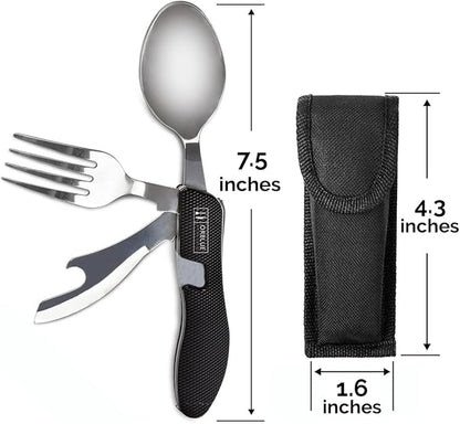 Orblue 4-in-1 Camping Utensils, 2-Pack - Portable Stainless Steel Spoon, Fork, Knife & Bottle Opener Combo Set - Travel, Backpacking Cutlery Multitool, Red