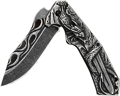 3D embossed folding knife, outdoor knife for camping, barbecue, fishing, cutting (Dragon Sword)