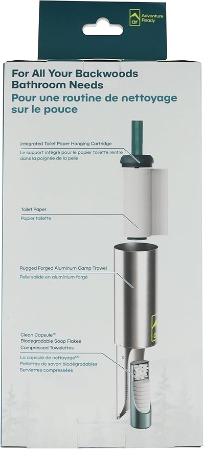 Backpacking Trowel Toilet Kit - Includes Aluminum Camping Shovel, Toilet Paper, Packout Bags, Soap Flakes & Compressed Towelettes