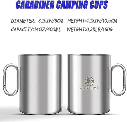 Backpacking Camping Mug,Stainless Steel Camping Cup with Carabiner Handle,Insulated Double Wall Coffee Mug Set of 2 for Traveling Outdoor 14oz