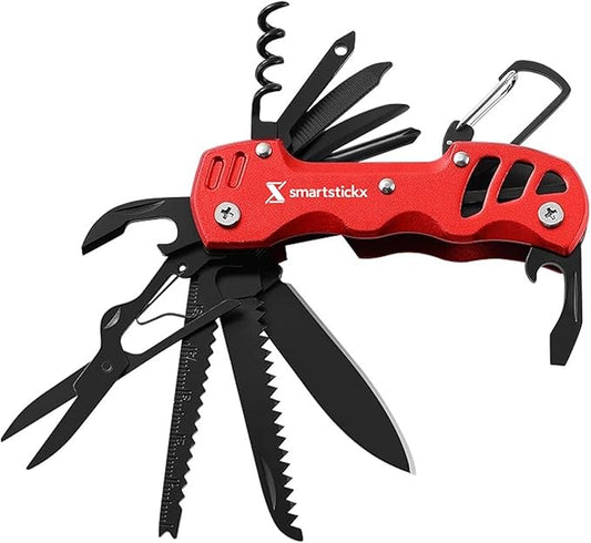 16 in 1 Multi Tool Tactical Knife Camping essential Survival Knife with Knife, Scissors, Saw, Wine Opener, Multiple Screwdrivers, Key Chain Easy Carry, Fish Scaler (Red)
