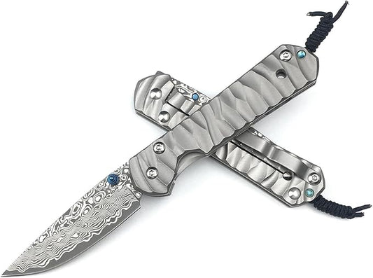6.7 Inch Damascus Folding Knife with Pocket Clip, 2.6 Inch Damascus Blade with Titanium Alloy Handle, Sebenza Knife Folding Pocket Knife with Frame Lock, Thumb Stud for EDC Camping