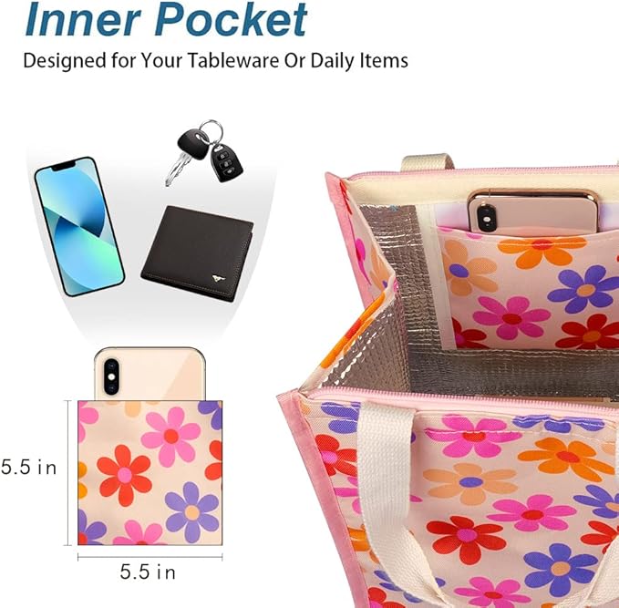 iknoe Lunch Bag Insulated Lunch Bags for Women & Men, 9L Reusable Lunch Tote, Portable Adult Thermal Large Lunch Cooler for Work Picnic Beach (Pink Flowers)