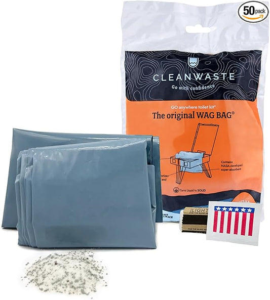 Cleanwaste Original WAG BAG - Go Anywhere Portable Toilet Kit (50 Pack) - Heavy Duty Odor Control Bags with NASA Gelling Poo Powder, Wipe, Toilet Paper (Camping, Road Trips, Emergencies, Boating)