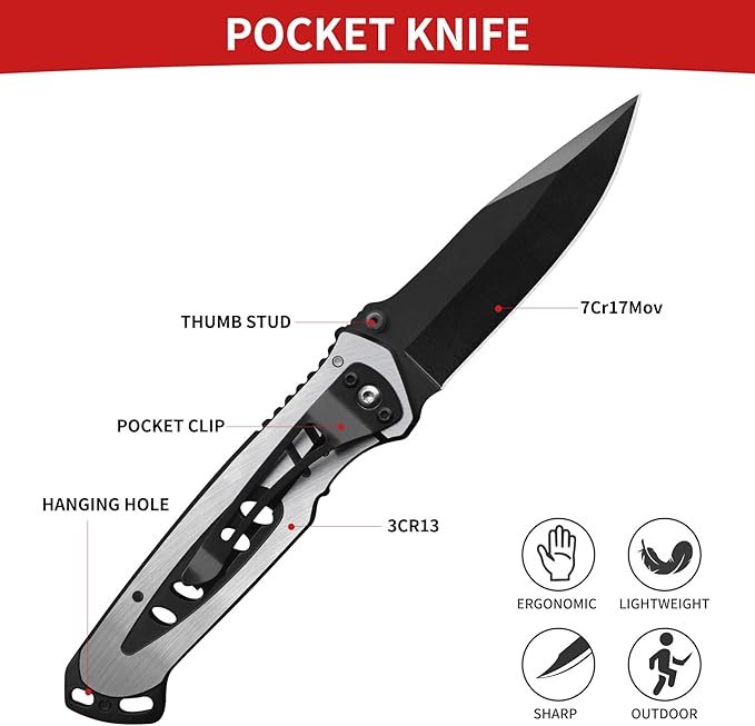 3.2 INCHES Blade Stainless Steel Folding Knife, Pocket Knife With Stainless Steel Handle for Outdoor…
