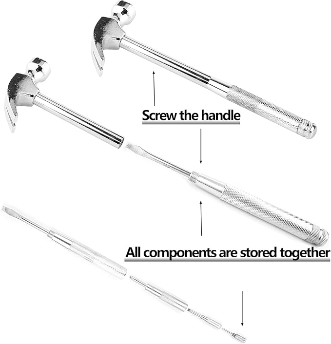 6-in-1 Metal Multifunction Hammer & Screwdriver Hand Tool Set Including Cross & Flat Screwdriver for Opening Walnuts, Wall Hanging, Nice Little Gifts (argent)