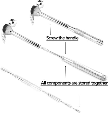 6-in-1 Metal Multifunction Hammer & Screwdriver Hand Tool Set Including Cross & Flat Screwdriver for Opening Walnuts, Wall Hanging, Nice Little Gifts (argent)