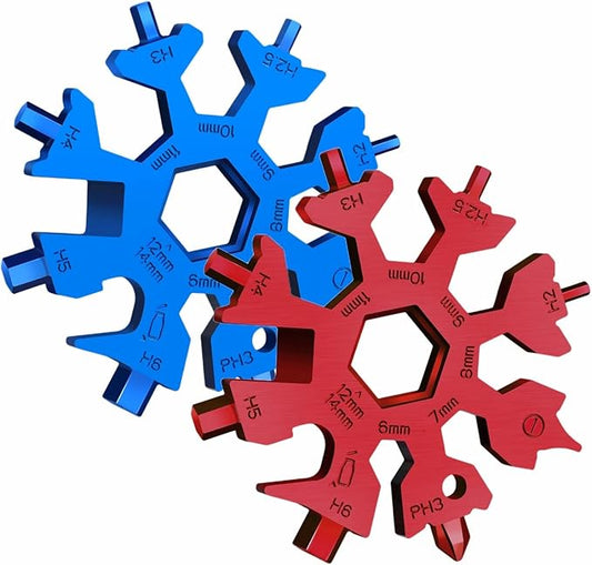 2 Pack 18 in 1 Snowflake Multi Tool, Phillips Flat Screwdriver Kit/Wrench/Bottle Opener, EDC Camping Gear, Gifts for Men (Blue+Red)