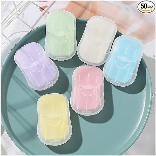 50Pcs Blue Portable Soap Sheets, Mini Portable Travel Soap Paper Sheets Disposable Water Soluble Hand Washing Bath Scented Paper Soap Camping Soap and Shampoo for Outdoor, Camping Hiking
