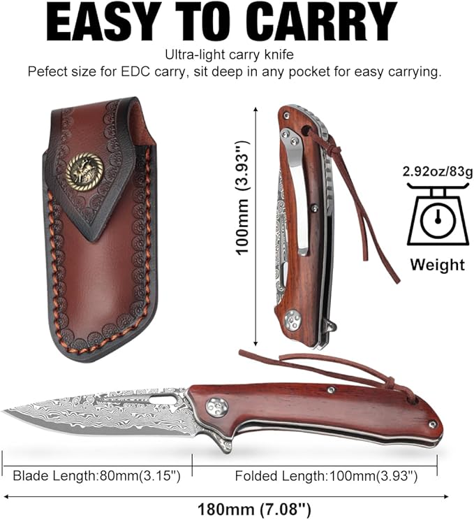 Damascus Pocket Knife with Clip Unique Rosewood Handle Cool Folding Knives Survival Knife for Gift for Men Women