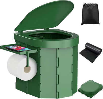 Portable Camping Toilet, Foldable Toilet for Adults with Detachable Phone Shelf and Toilet Paper Holder, Waterproof Porta Potty with Lid for Camping, Hiking, RV Travel, Road Trips