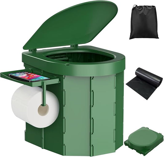 Portable Camping Toilet, Foldable Toilet for Adults with Detachable Phone Shelf and Toilet Paper Holder, Waterproof Porta Potty with Lid for Camping, Hiking, RV Travel, Road Trips