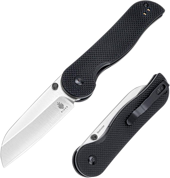 Kizer Seahorse Pocket Knife, 3.03 Inches Folding Knife with 9Cr18MoV Steel Blade, Black G10 Survival Hunting Knife with Thumb Stud Opener, EDC Tactical Knife L3009A1