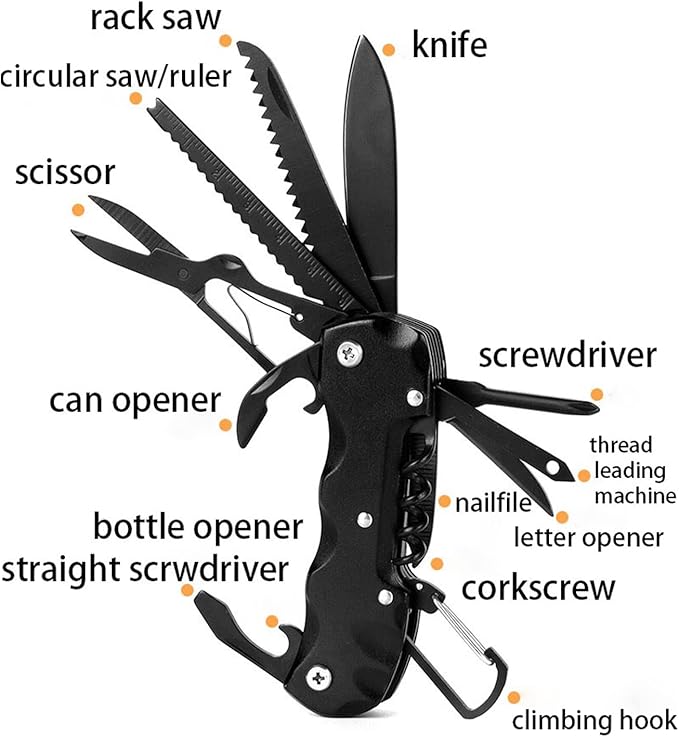 15-in-1 Stainless Steel Multitool Pocket Knife with climbing hook