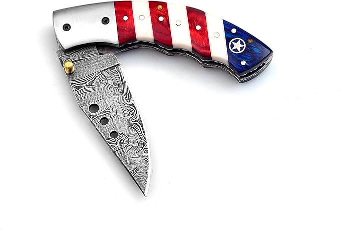 5079US Custom Damascus Steel Folding Pocket Knife with Sheath Cool Camping Knife for men Unique Damascus Blade Pattern 5079US (US Flag)