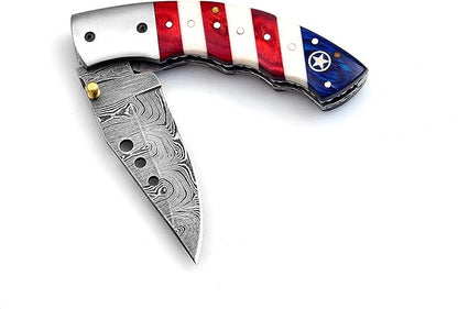 5079US Custom Damascus Steel Folding Pocket Knife with Sheath Cool Camping Knife for men Unique Damascus Blade Pattern 5079US (US Flag)