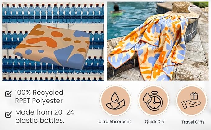 Beach & Travel Towel Set-Compact & Absorbent Microfiber Towel-Large Beach Towel- Recycled Material. (Purple Flower, Flora)