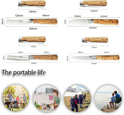 440A stainless steel Gift wrapped 4 piece set sharp pocket folding Japanese chef knife universal peeling knife bread knife set portable kitchen knives with natural olive handle