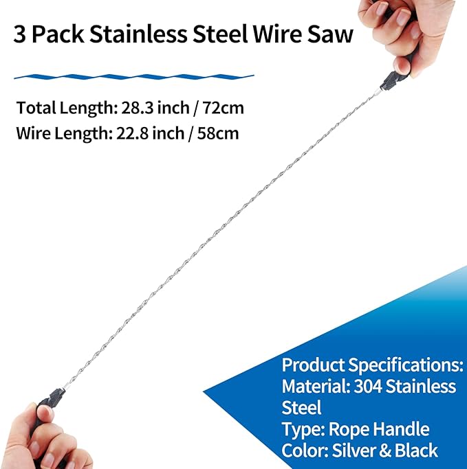 3 Pack Stainless Steel Wire Saw Emergency Saw Kit, Camping Wire Saw Mini Backpacking Saw, Cable Cutting String Bone Rope Saw, Travel Chainsaw for Wood Cutting Hiking Hunting (Rope Handle)