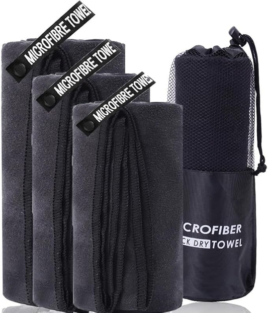 3Pack Quick Drying Soft Microfiber Towel, Sport Super Absorbent Bath Beach Towel Portable Gym Towel for Camping Swimming Running Yoga Golf Hiking Towel (Black)