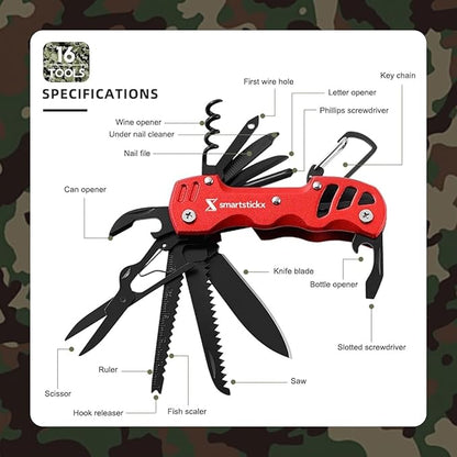 16 in 1 Multi Tool Tactical Knife Camping essential Survival Knife with Knife, Scissors, Saw, Wine Opener, Multiple Screwdrivers, Key Chain Easy Carry, Fish Scaler (Red)