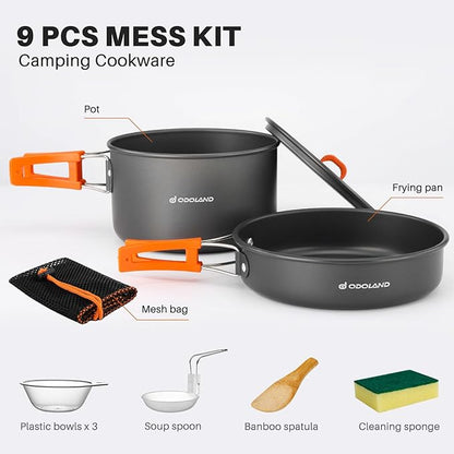 Odoland 9pcs Camping Cookware Non-Stick Lightweight Camping Pots and Pans Set with Plastic Bowls Soup Spoon for Camping, Backpacking, Outdoor Cooking and Picnic