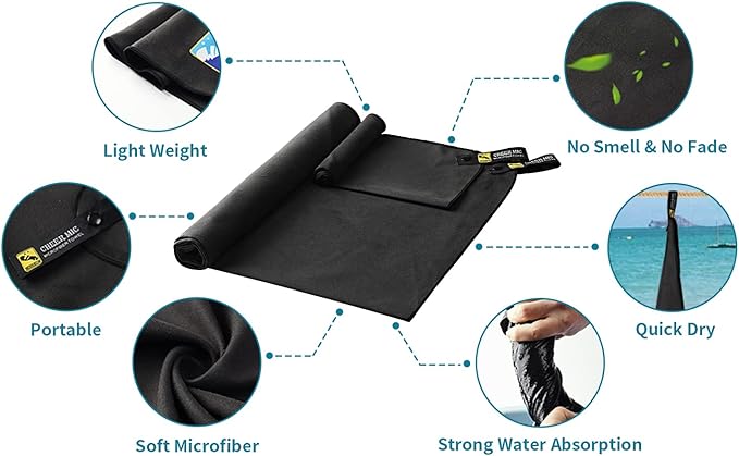 2 Pack Microfiber Fast Drying Towel - Lightweight&Compact for Beach, Travel, Yoga Sports, Camping (Large (30"x60")+Small (12"x25"), Black)