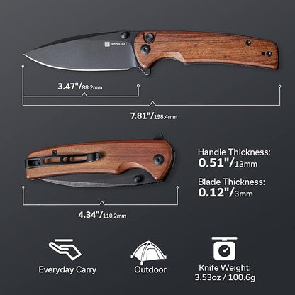 SENCUT Sachse Pocket Knife Folding Knife for EDC, Wood Handle 9Cr18MoV Blade Foldable Small Knife with Clip, Button Lock Everyday Carry Knife for Men Women Indoor Outdoor Gift S21007-6