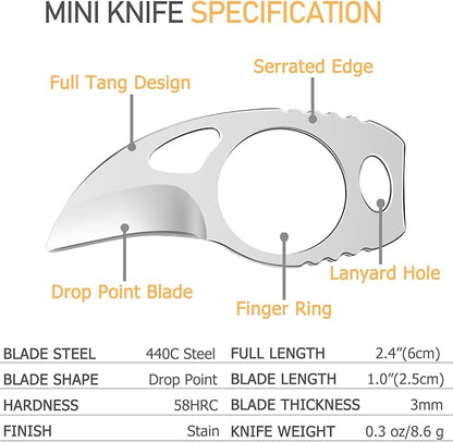 2PCS EDC Utility Mini Pocket Knife with Sheath and Rope, Ultra Small Tactical Fixed Blade Knife Cute Box Cutter, Perfect for Outdoor Camping, Survival, Hiking, Gifts for Men and Women