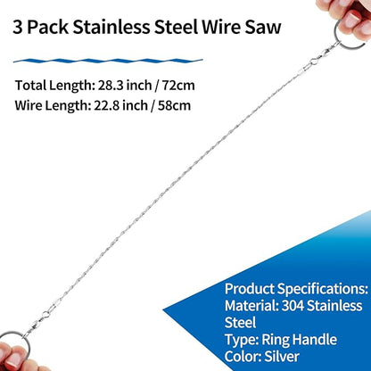 3 Pack Stainless Steel Wire Saw Emergency Saw Kit, Camping Wire Saw Mini Backpacking Saw, Cable Cutting String Bone Rope Saw, Travel Chainsaw for Wood Cutting Hiking Hunting (Ring Handle)