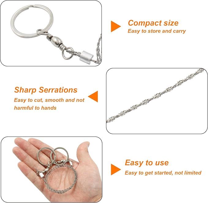 3 Pcs Hand Pocket Chainsaw Stainless Steel Emergency Saw Kit Mini Survival Wire Saw with Round Handle for Cutting Hunting Hiking Backpacking Gear(Silver)