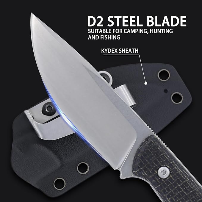 3.38 Inches D2 Steel Fixed Blade Knife,with Kydex Sheaths,for Camping,Hunting,Outdoor Activities 1048A1, realbbh8
