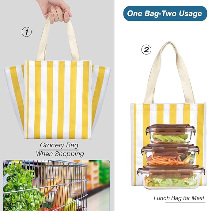iknoe Lunch Bag Insulated Lunch Bags for Women & Men, 9L Reusable Lunch Tote, Portable Adult Thermal Large Lunch Cooler for Work Picnic Beach (Yellow Stripe)